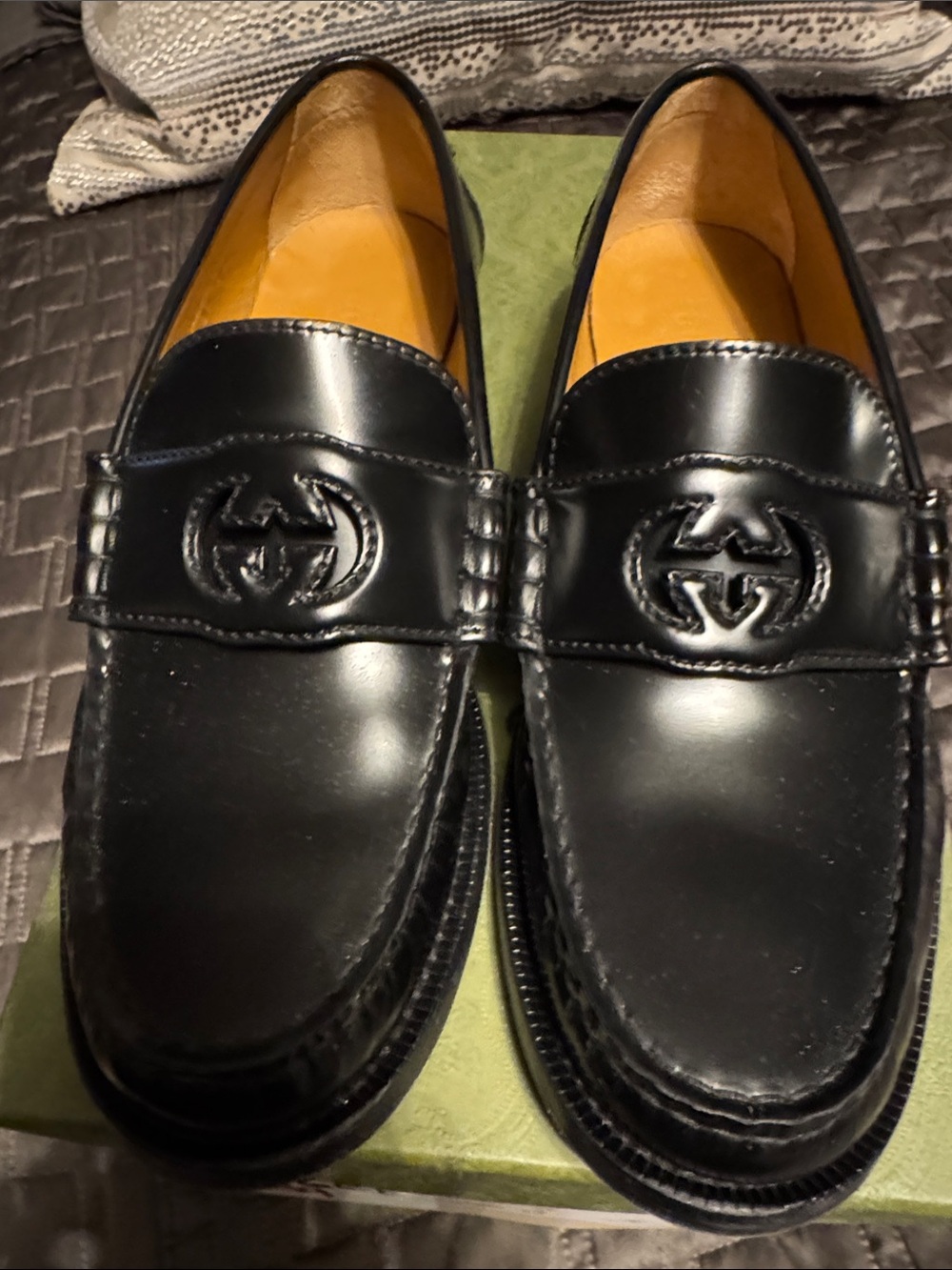 Gucci Black Leather Interlocking G Penny Loafers